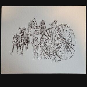 Vintage Big Wheels Logging Operation Horse-Drawn Sketch Print Clif Hadfield 1978